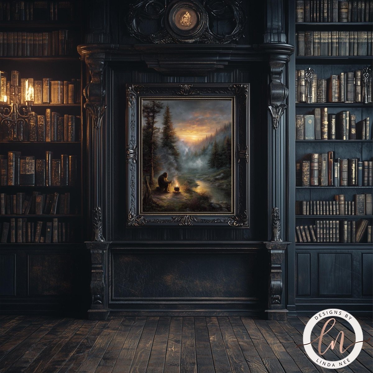 a dark, ornate room with a large bookshelf filled with books, a fireplace with a painting of a forest scene, and a wooden floor.
