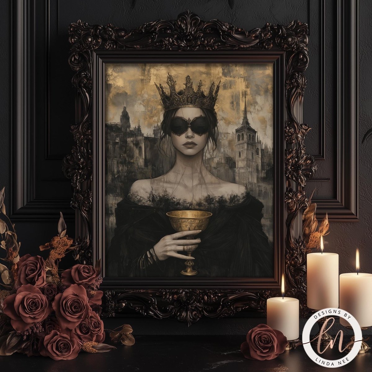 a woman wearing a crown and holding a golden goblet, surrounded by candles and roses.