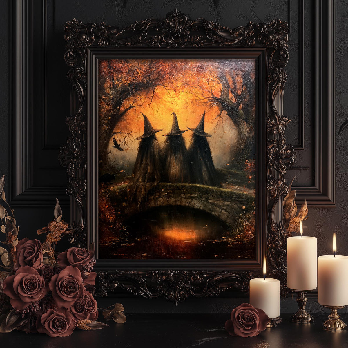 Witch coven print shown framed for display among lit candles and dark roses