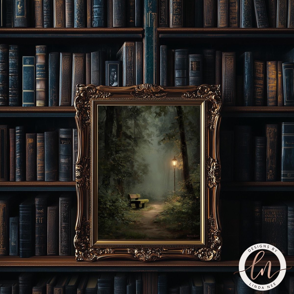 a painting of a bench in a forest, displayed in an ornate gold frame. The painting is set against a backdrop of bookshelves filled with books.