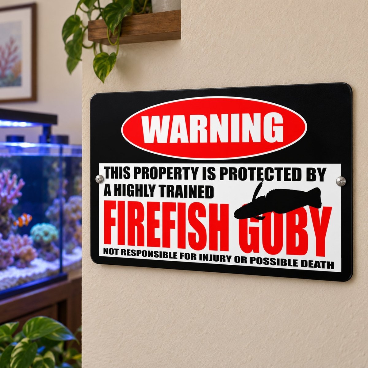 Firefish goby metal warning sign announcing that the property is protected by a highly trained reef fish, full sign view