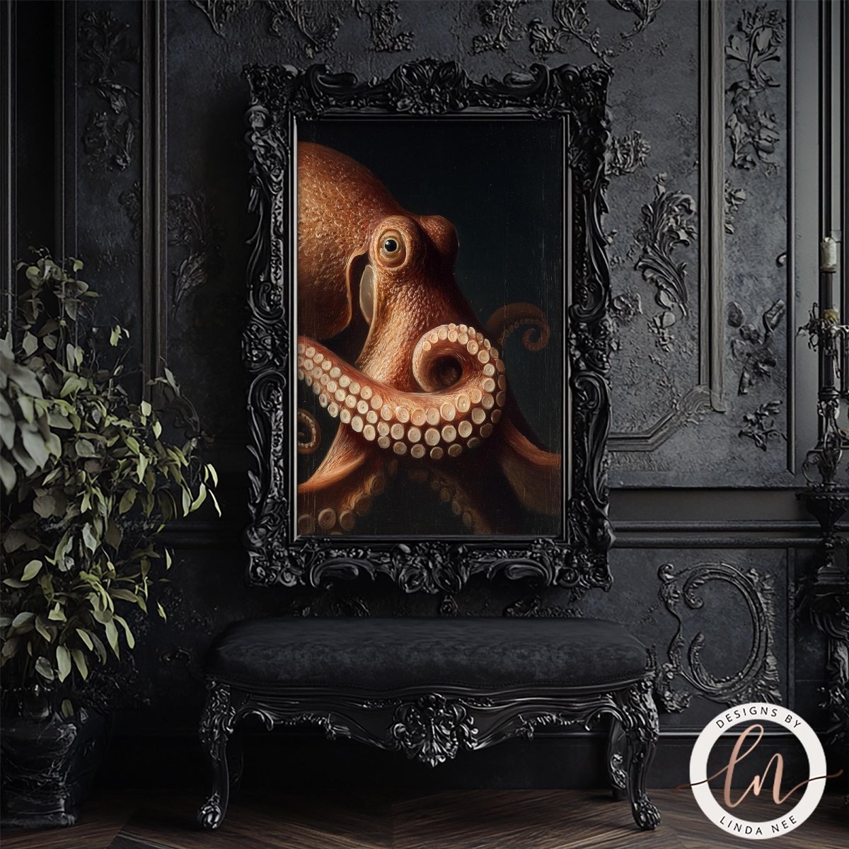 an octopus in a black ornate frame, displayed in a dark room with a black bench and a plant in the foreground.