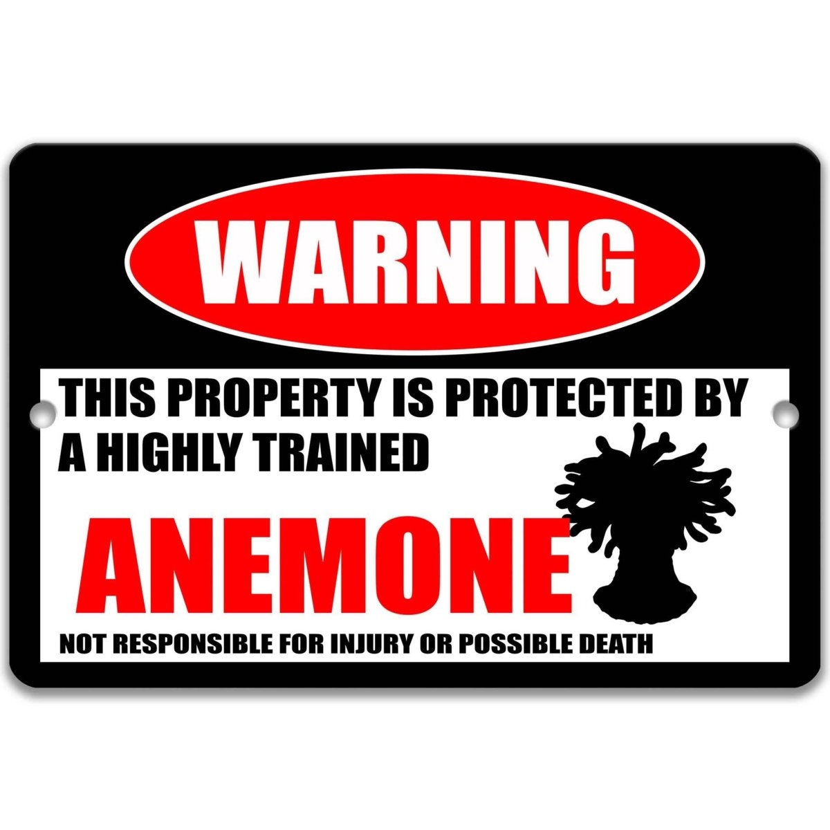 Sea anemone warning metal sign, glossy black, red WARNING oval and tentacled anemone silhouette