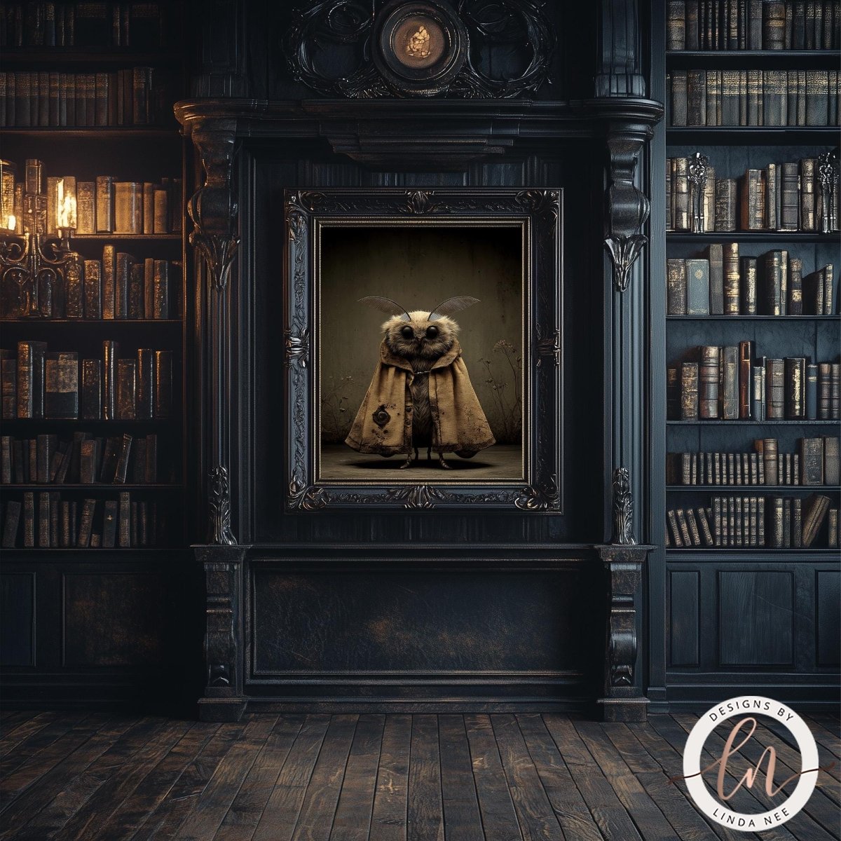 a dark, ornate room with a large bookshelf filled with books, a chandelier hanging from the ceiling, and a framed artwork depicting a creature with wings and a hooded cloak.