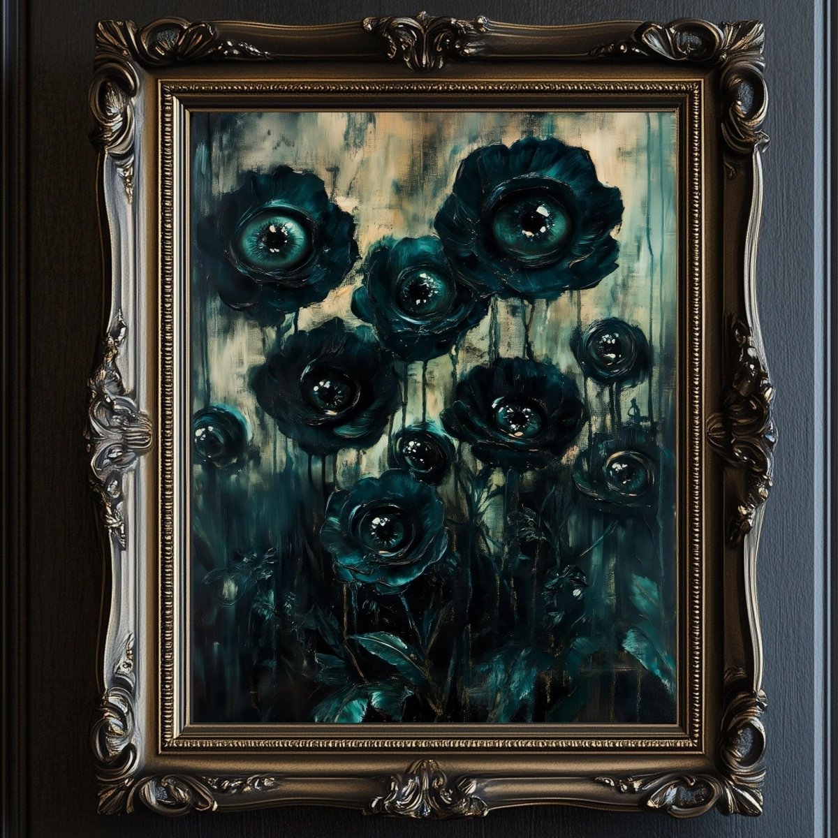 Dark green flowers with large watching eyes on the petals