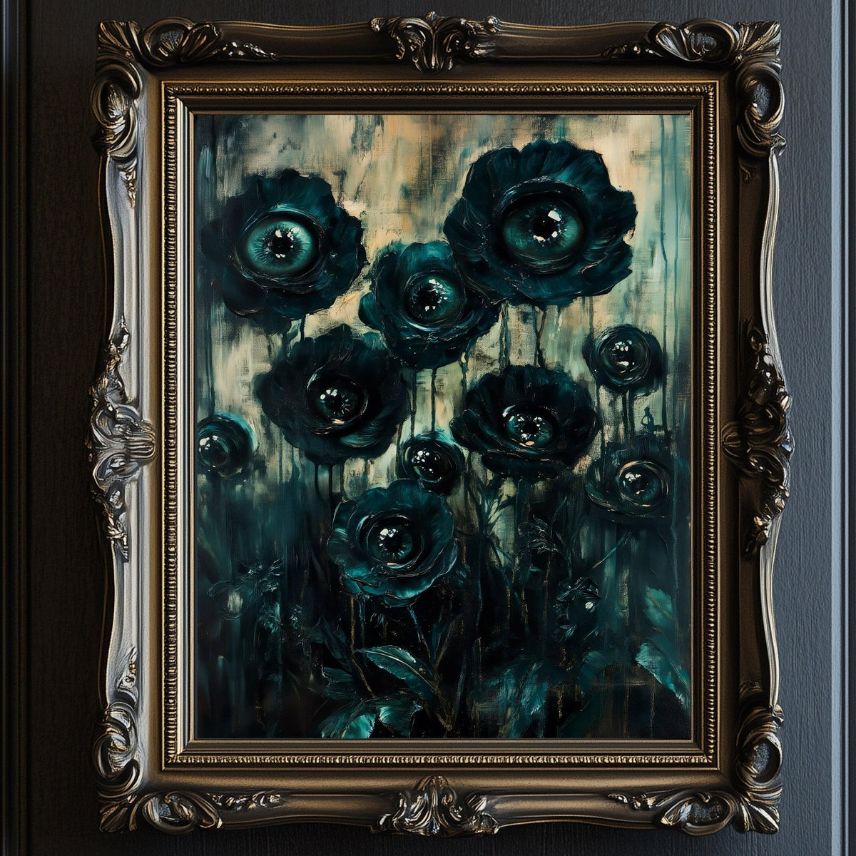The image is a painting of a group of dark green flowers with large, round eyes, set against a dark background. The painting is framed in an ornate, gilded frame.