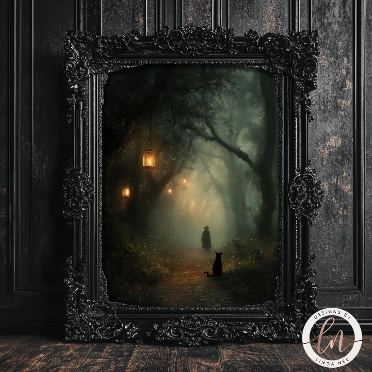 A black cat sits on a path in a foggy forest, illuminated by lanterns, with a person walking in the distance.