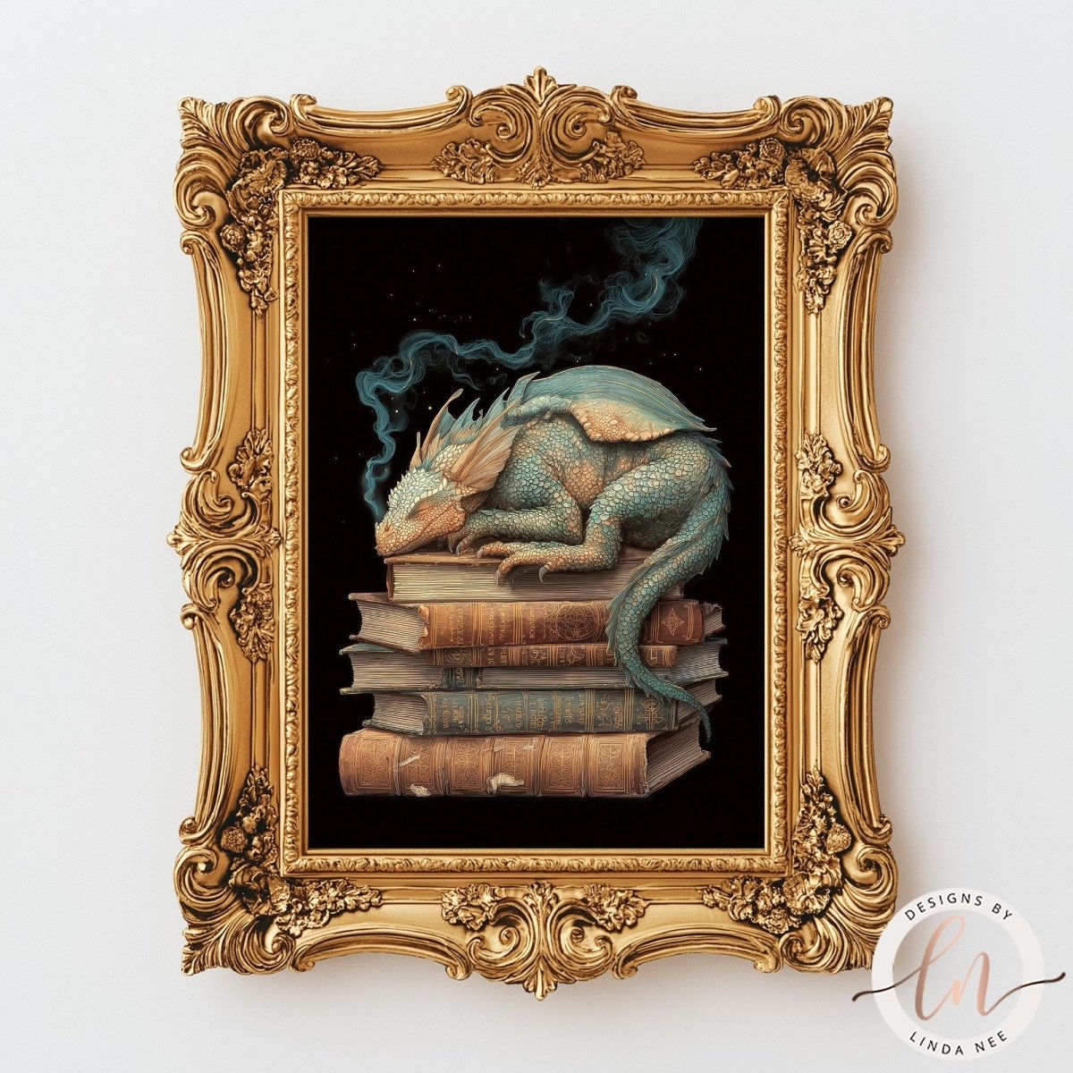 A framed painting depicting a dragon resting on a stack of books, with a trail of smoke emanating from the dragon's head.
