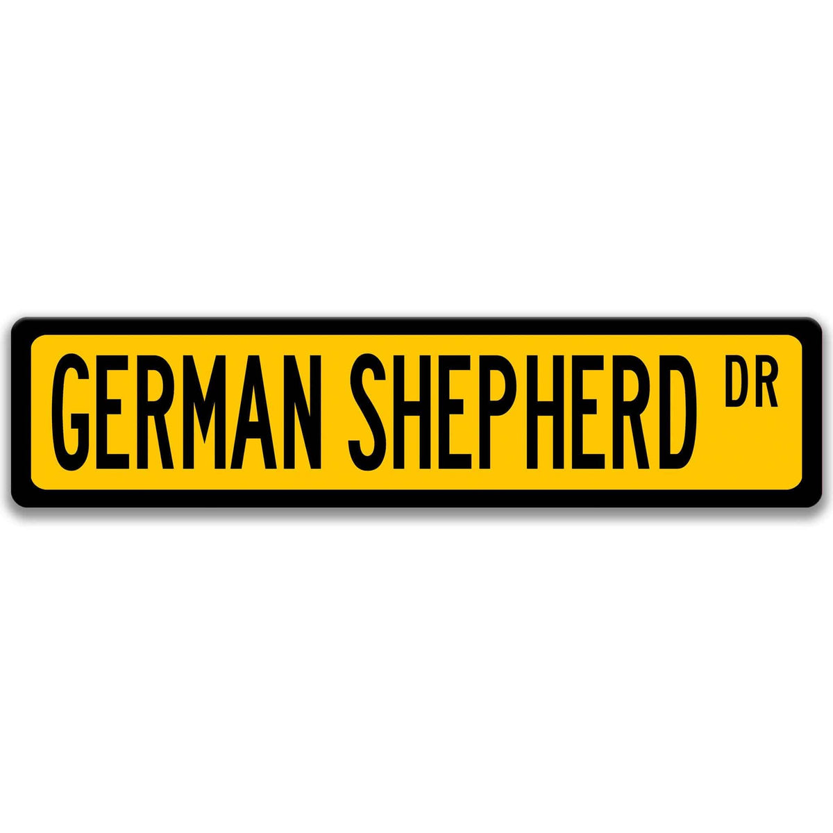 Yellow German Shepherd DR aluminum street sign with black lettering