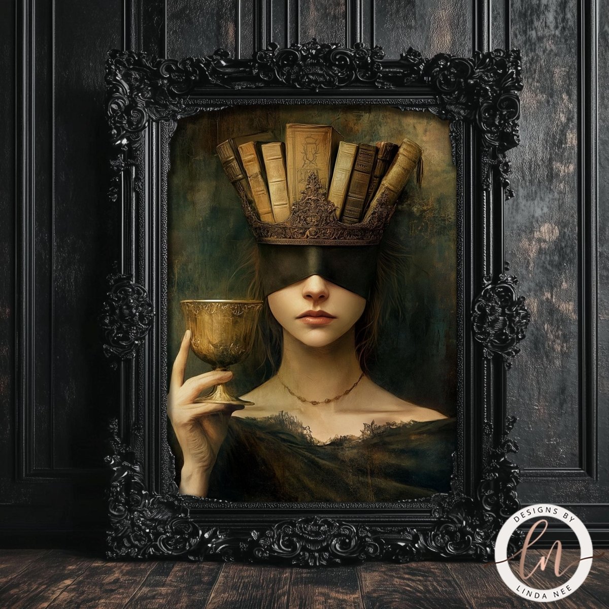 Queen with book crown wearing a black dress and holding a cup