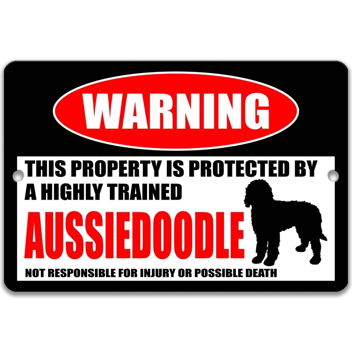 Aussiedoodle warning metal sign, glossy black, red WARNING oval and curly doodle dog silhouette