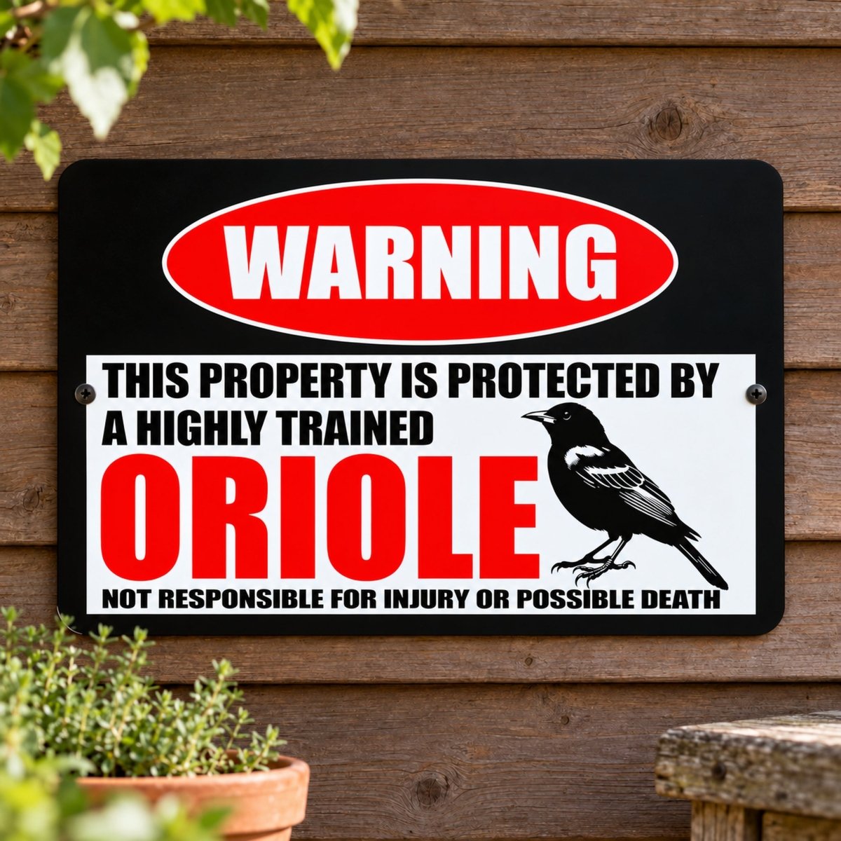 Highly trained oriole metal warning sign with the line not responsible for injury or possible death