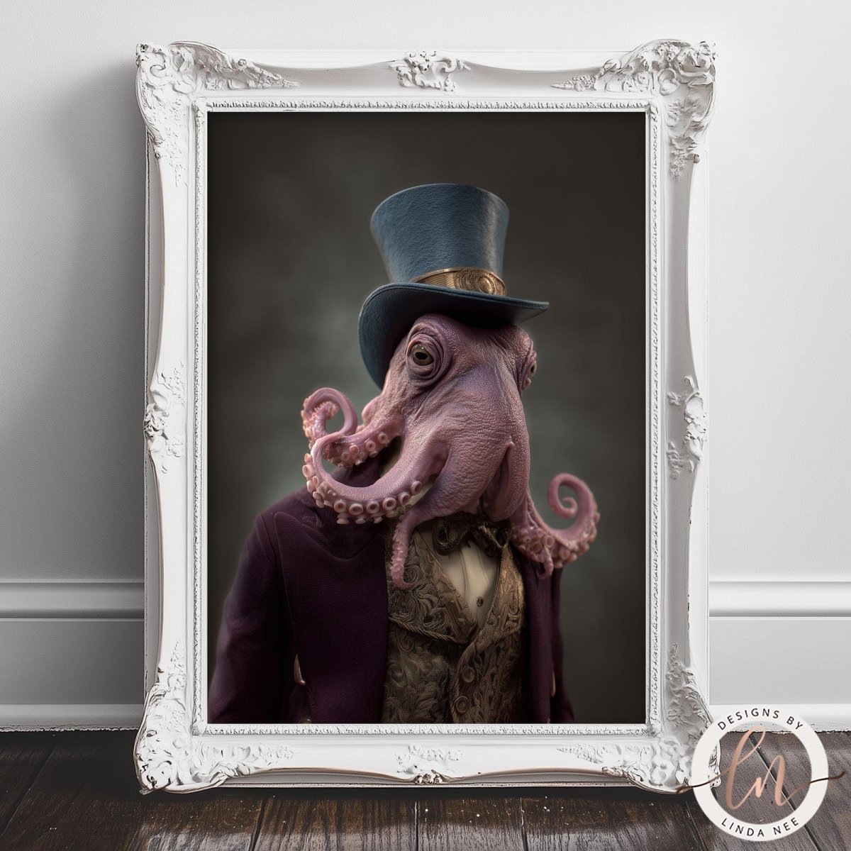 A framed image depicting an octopus wearing a top hat and a purple suit, with a dark background.