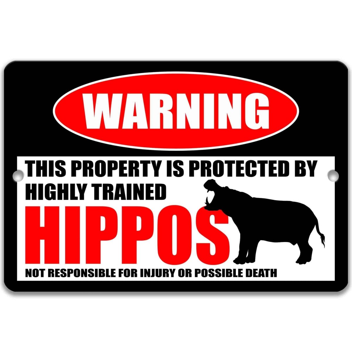 Hippo warning metal sign, glossy black, red WARNING oval and hippopotamus silhouette
