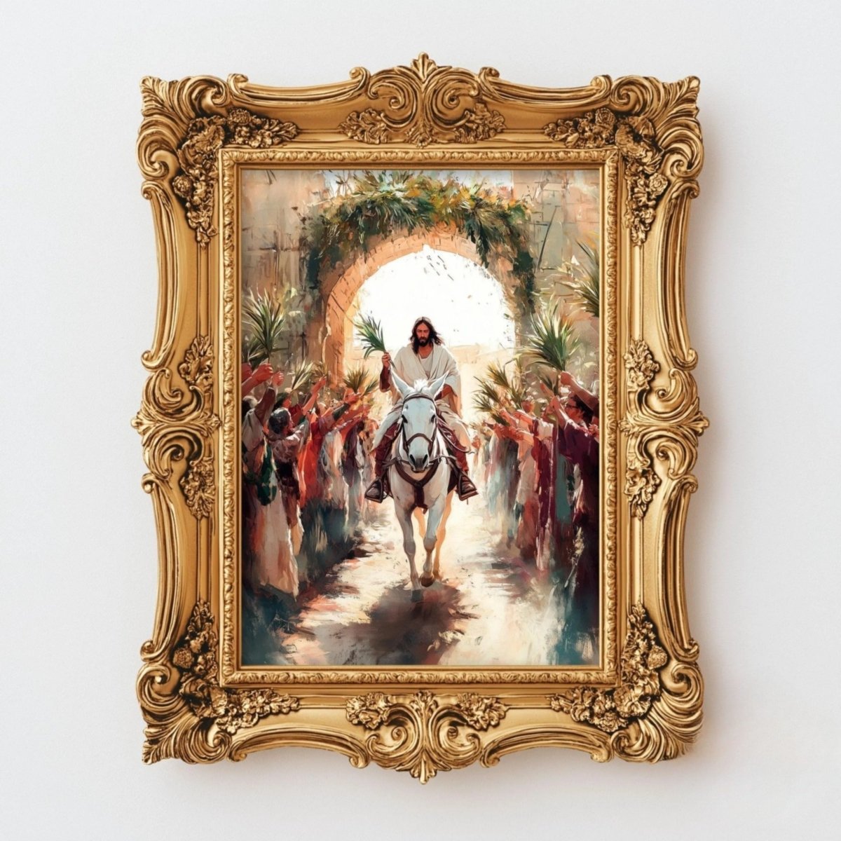 The image is a framed painting depicting a man riding a horse through a crowd of people, with a large archway in the background.
