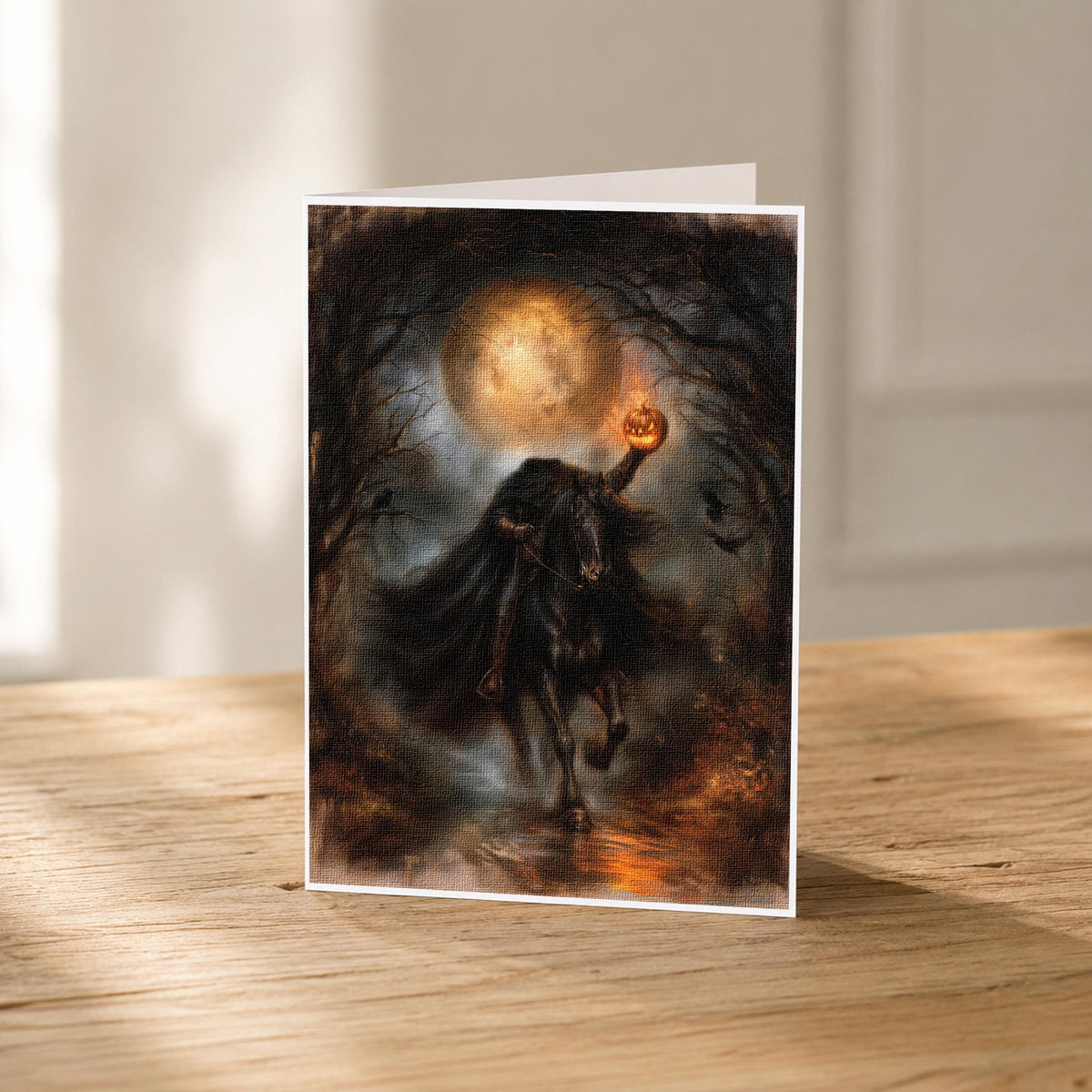 5x7 Sleepy Hollow horseman blank note card standing upright on linen stock
