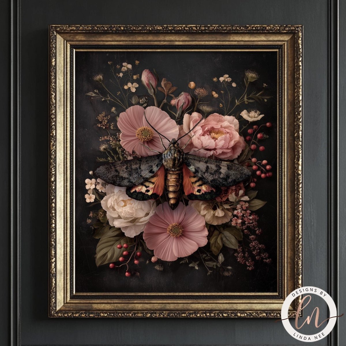 a framed painting of a butterfly resting on a floral arrangement of pink and white flowers.