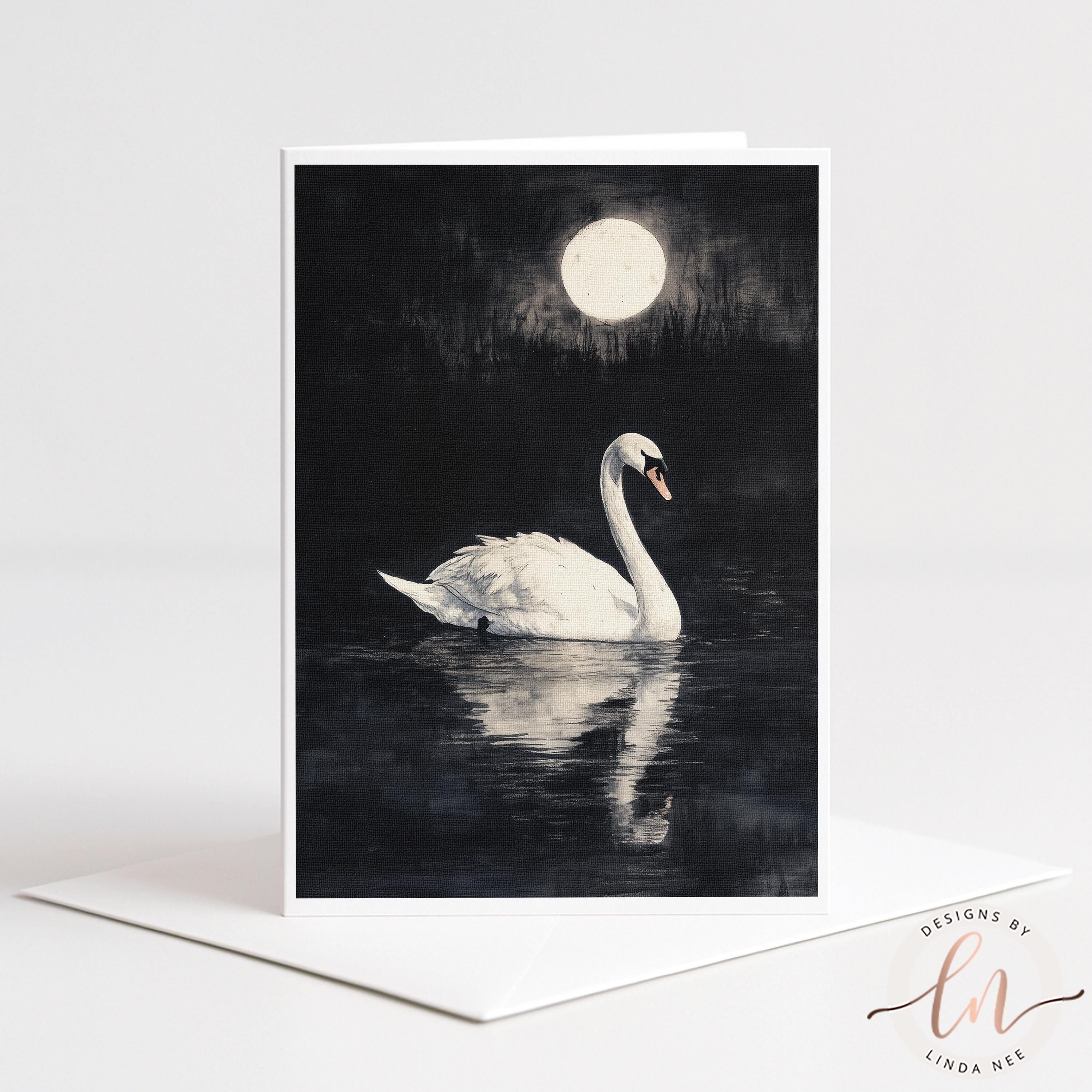A white swan gracefully swimming on a dark body of water, with a full moon illuminating the scene.