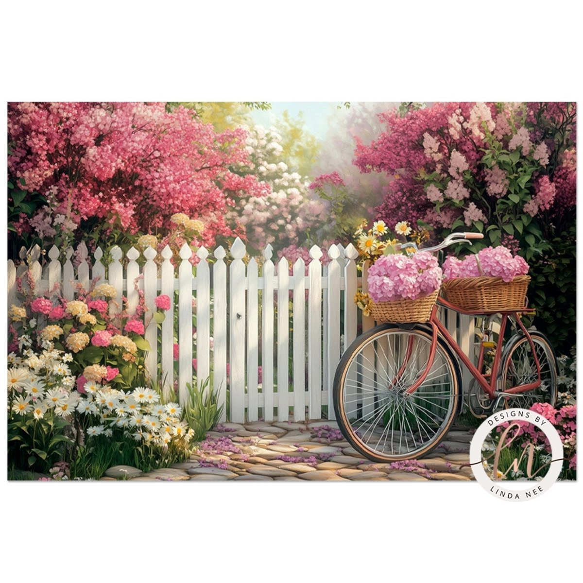 A charming scene of a white picket fence, a bicycle with a basket of flowers, and a lush garden filled with blooming pink and white flowers.