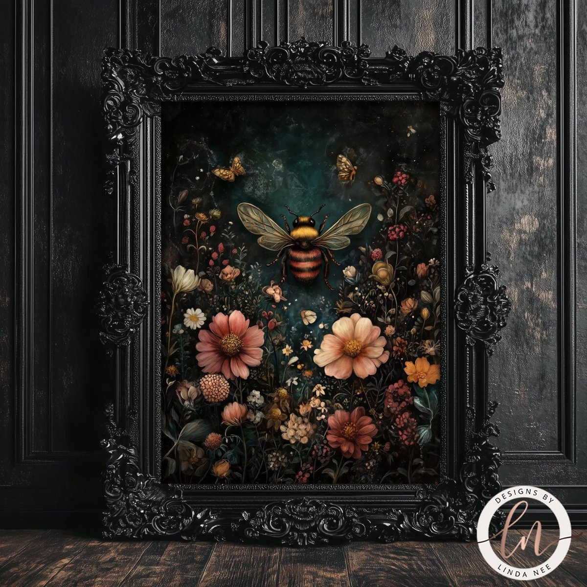 An ornate black baroque-style picture frame containing a dark, moody floral painting with a large bumblebee at the center, leaning against a dark wood-paneled wall on a wooden floor.