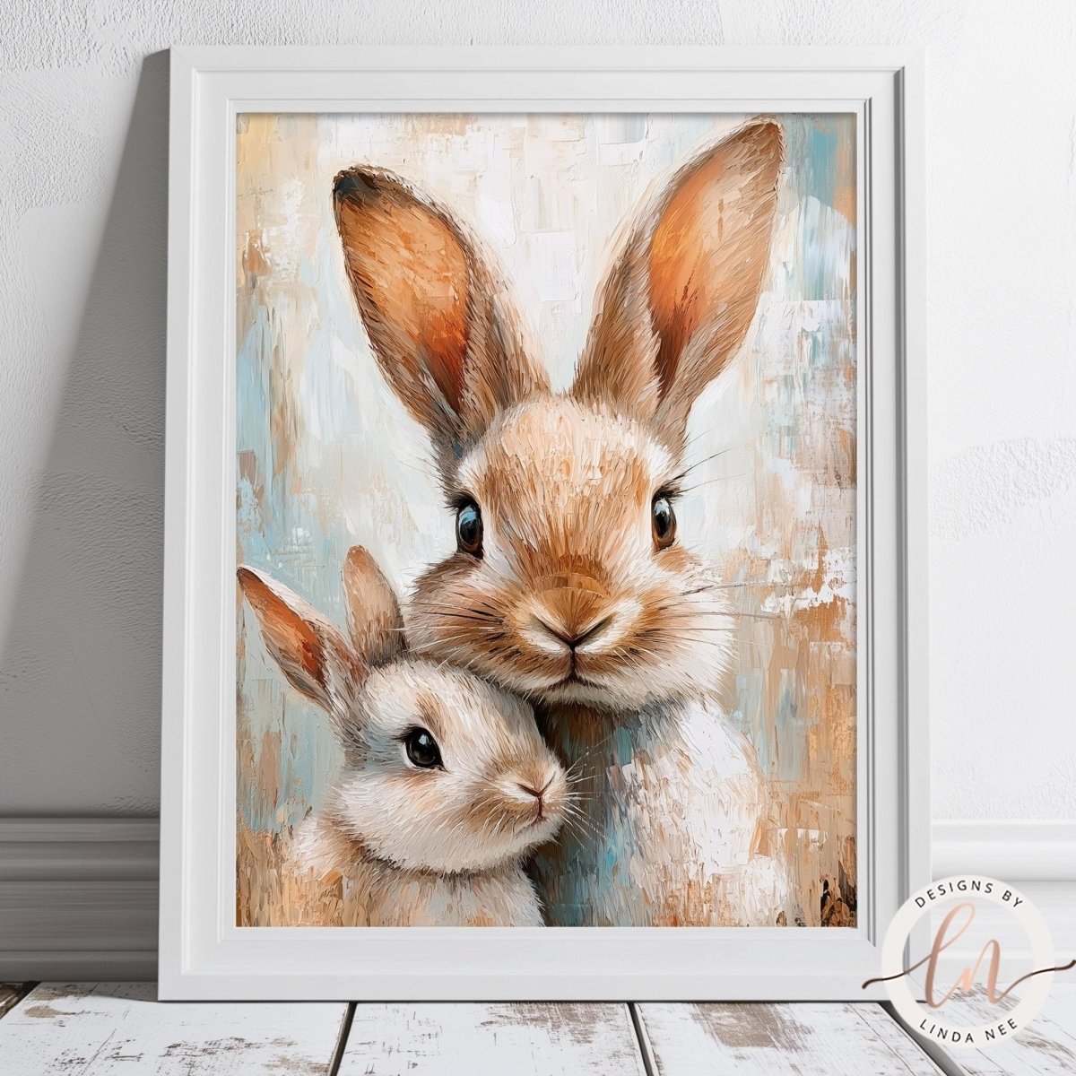 A framed painting depicting two rabbits, one larger and one smaller, with their eyes open and alert expressions.