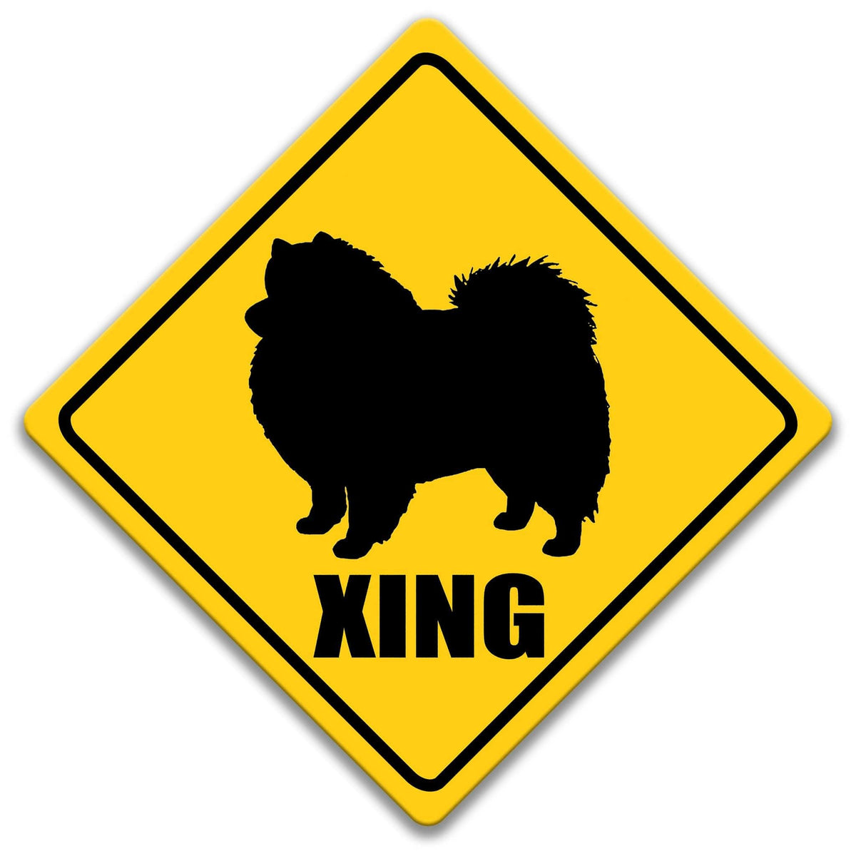 A yellow diamond-shaped sign with a black silhouette of a dog and the word "XING" below it.