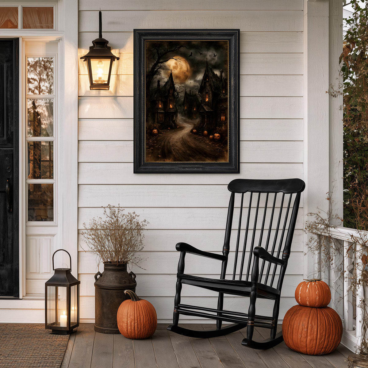 Porch with a black rocking chair, two pumpkins, a lantern, and the village print