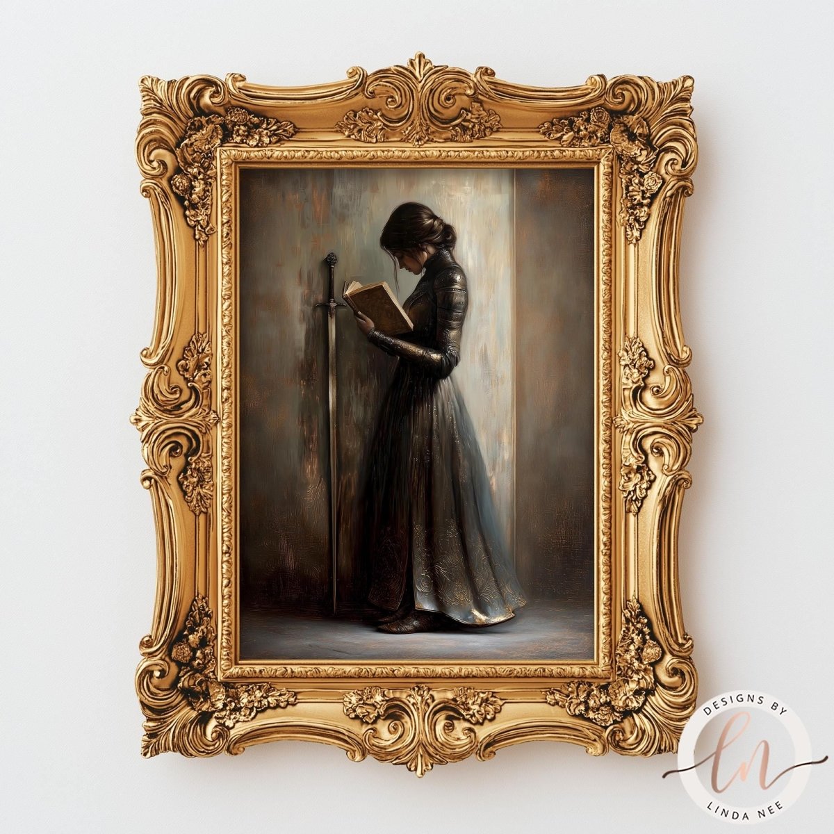 The image is a painting of a woman in a long dress, holding a book and standing in a doorway.