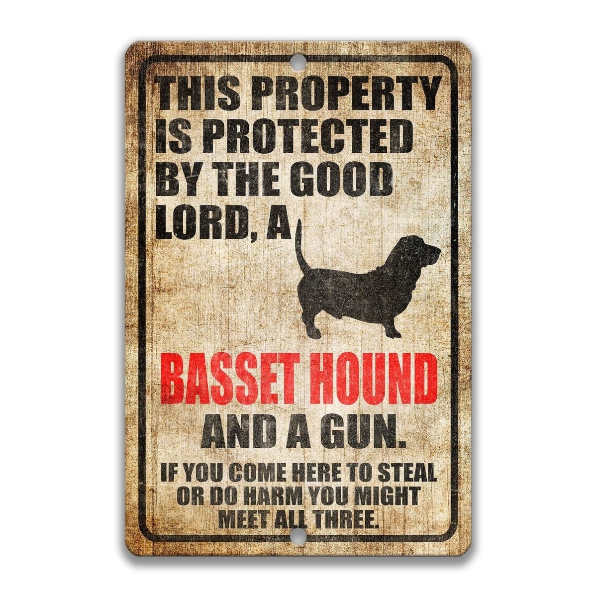 The image is a sign that reads "This property is protected by the good Lord, a Basset Hound and a gun. If you come here to steal or do harm, you might meet all three."