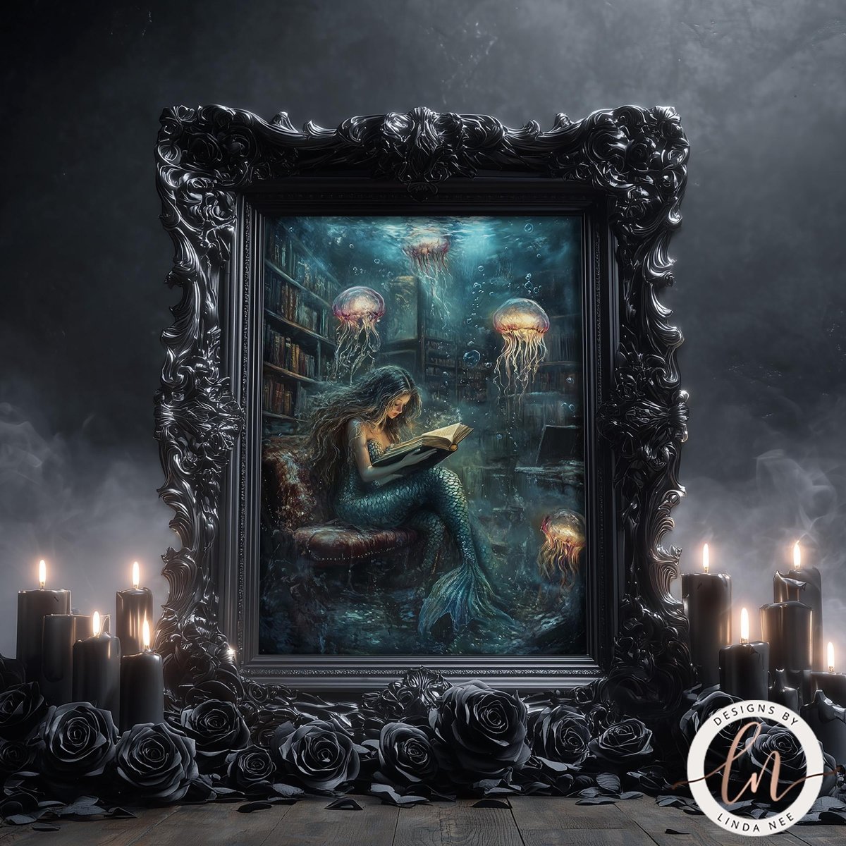 The image is a digital artwork depicting a mermaid reading a book, surrounded by jellyfish and candles, all set within an ornate frame.