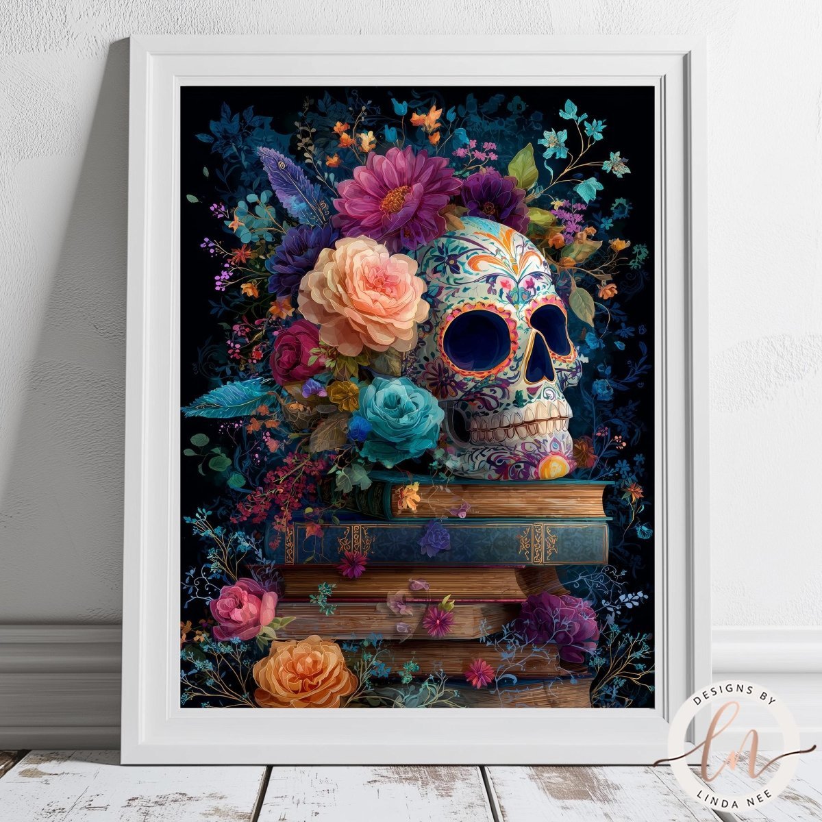 A framed artwork depicting a colorful and intricate skull surrounded by a vibrant floral arrangement, with books and flowers in the background.