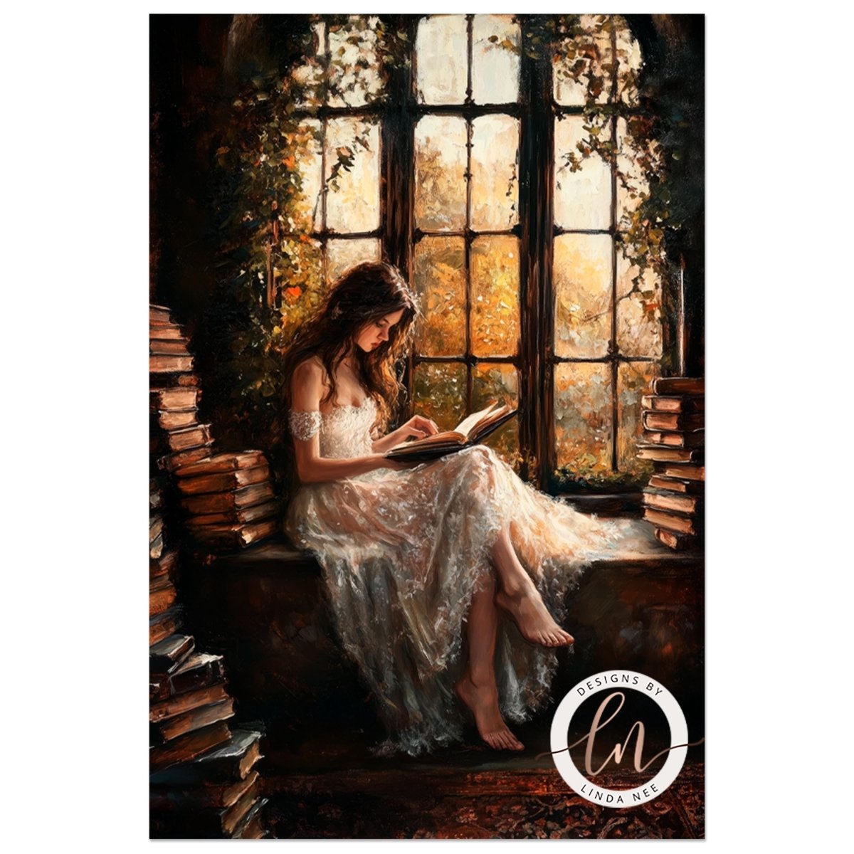 A framed painting depicting a woman in a flowing white dress sitting on a bench and reading a book, with a window and bookshelf in the background.
