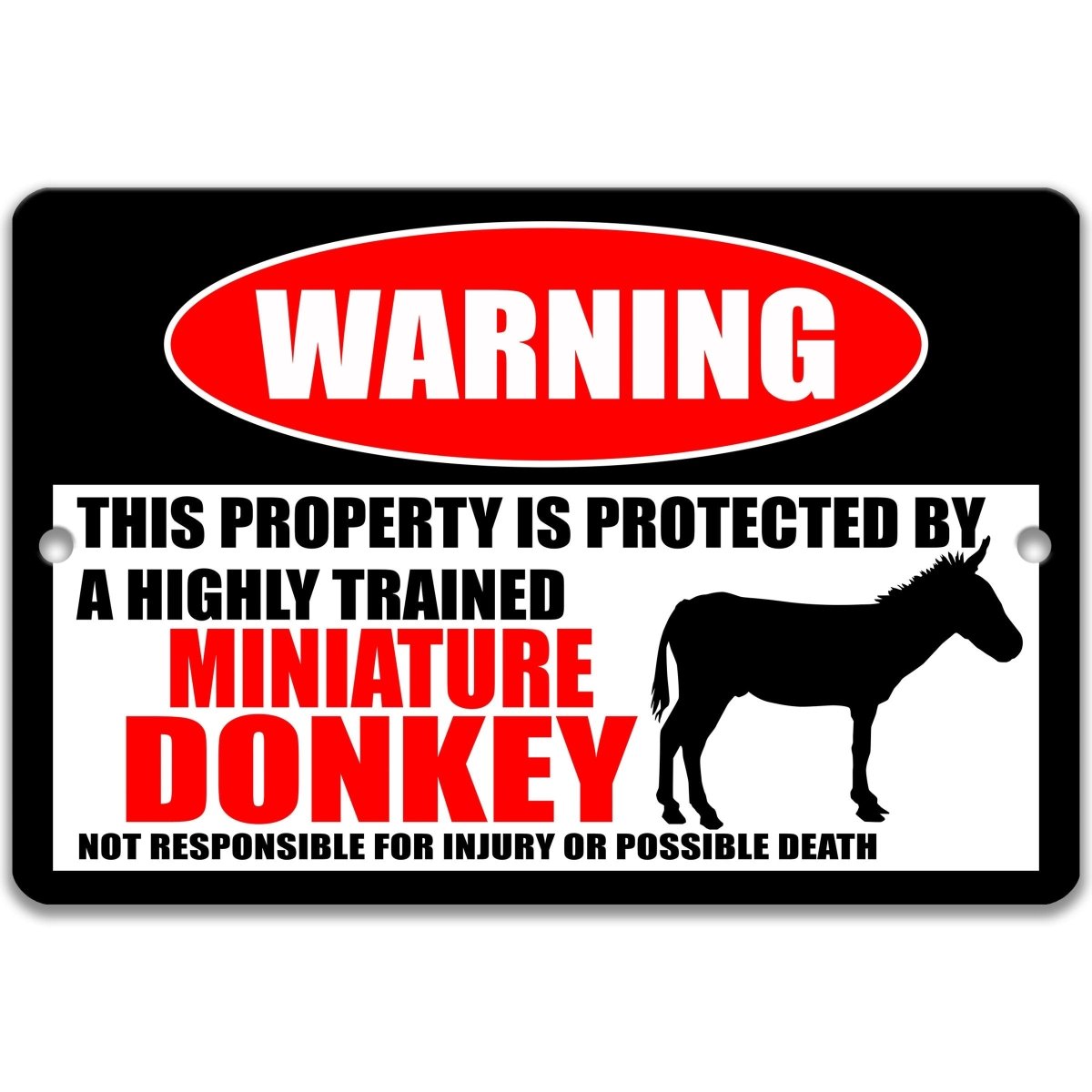 Miniature Donkey warning metal sign, miniature donkey silhouette beside bold red WARNING lettering, 'not responsible for injury or possible death'