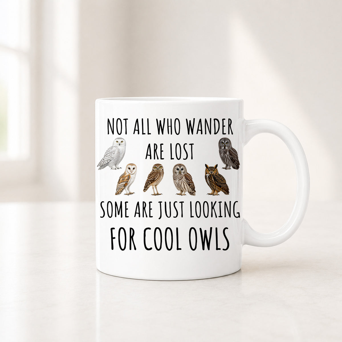 Second view of the white mug ending Some Are Just Looking for Cool Owls, with six detailed owls in a row