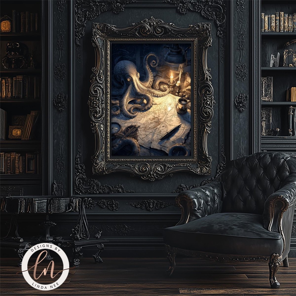an ornate, dark-colored room with a large, intricately designed frame hanging on the wall. The frame contains an image of an octopus, which appears to be the focal point of the room. The room also includes a leather armchair and a bookshelf filled with books, creating a cozy and sophisticated atmosphere.