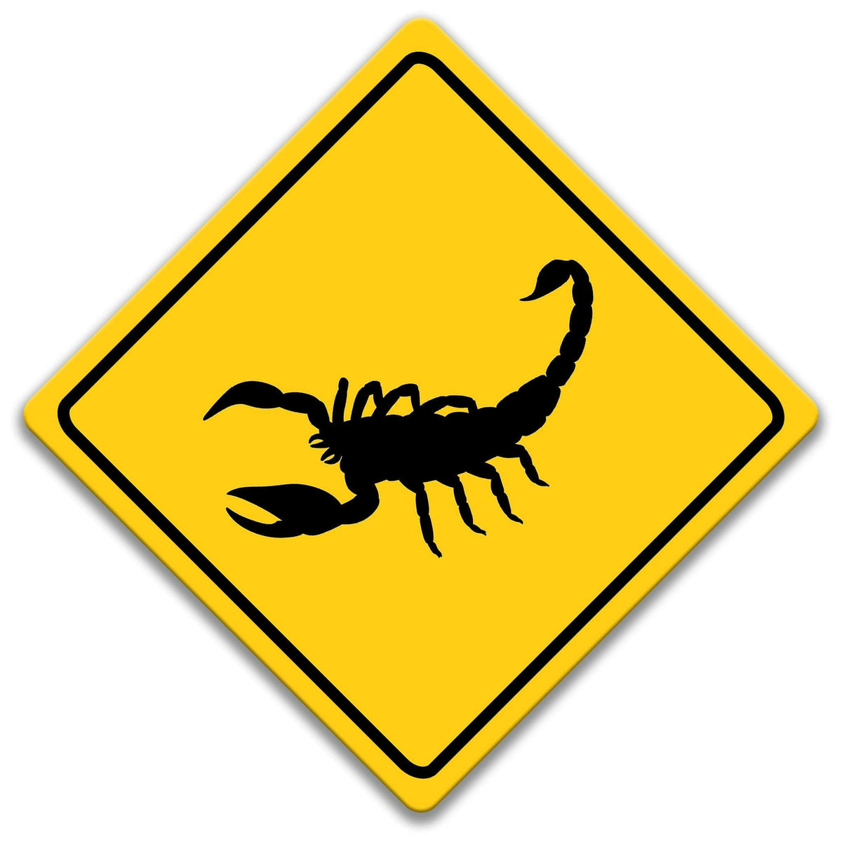 A yellow diamond-shaped road sign with a black silhouette of a scorpion.