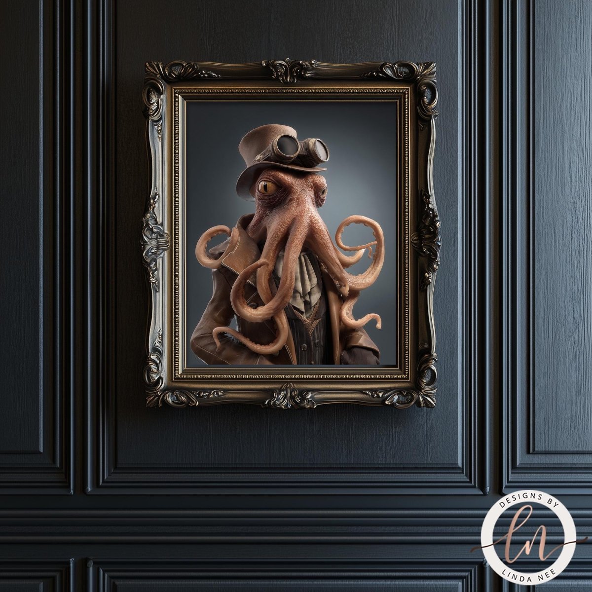 A framed image of an octopus wearing a top hat and goggles, with its tentacles spread out.