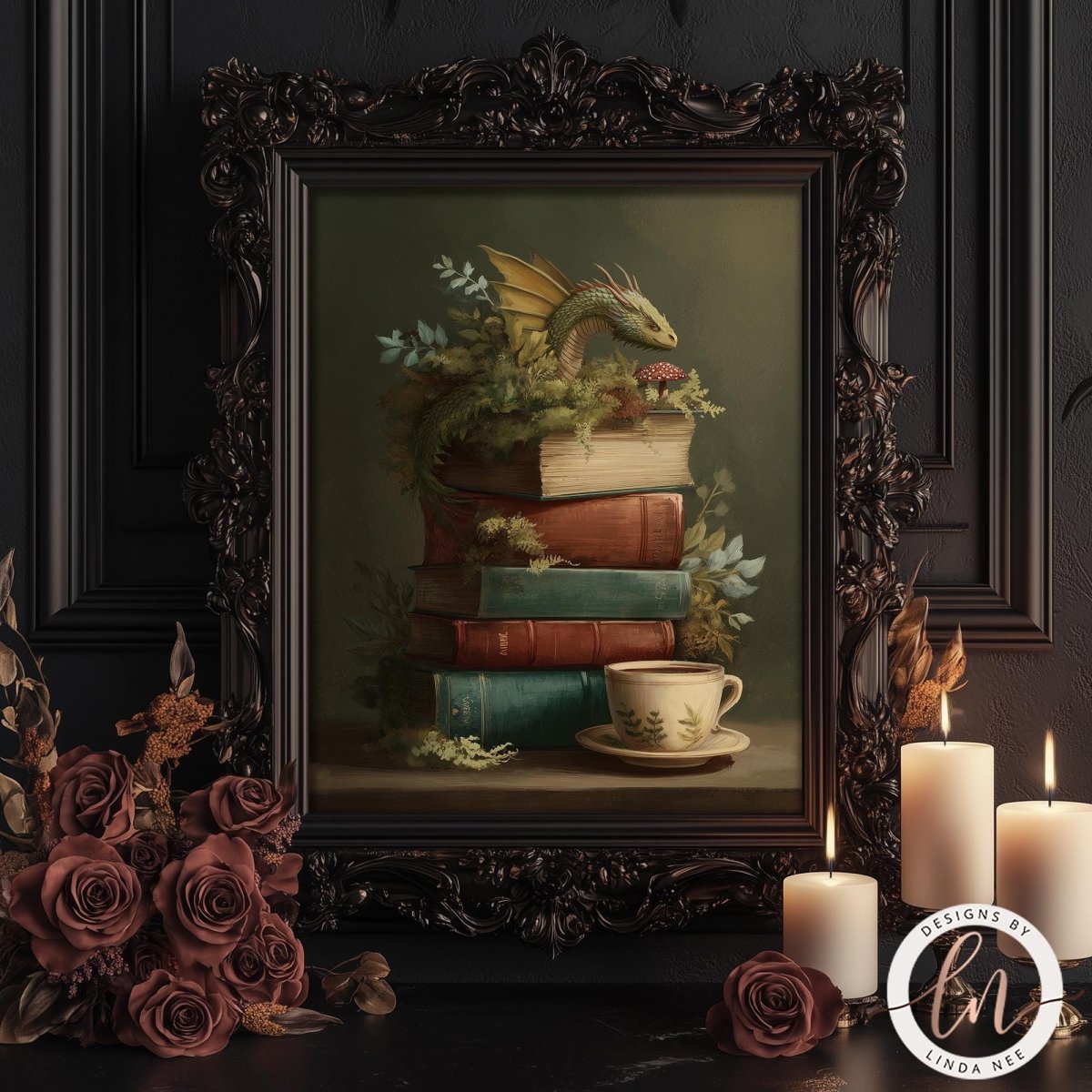 a framed painting of a dragon perched atop a stack of books, surrounded by candles and flowers.