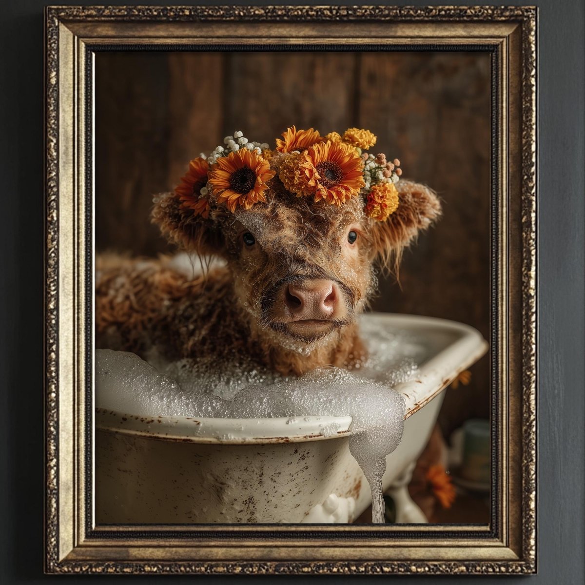 A cow is sitting in a white bathtub, wearing a flower crown of orange and yellow flowers.