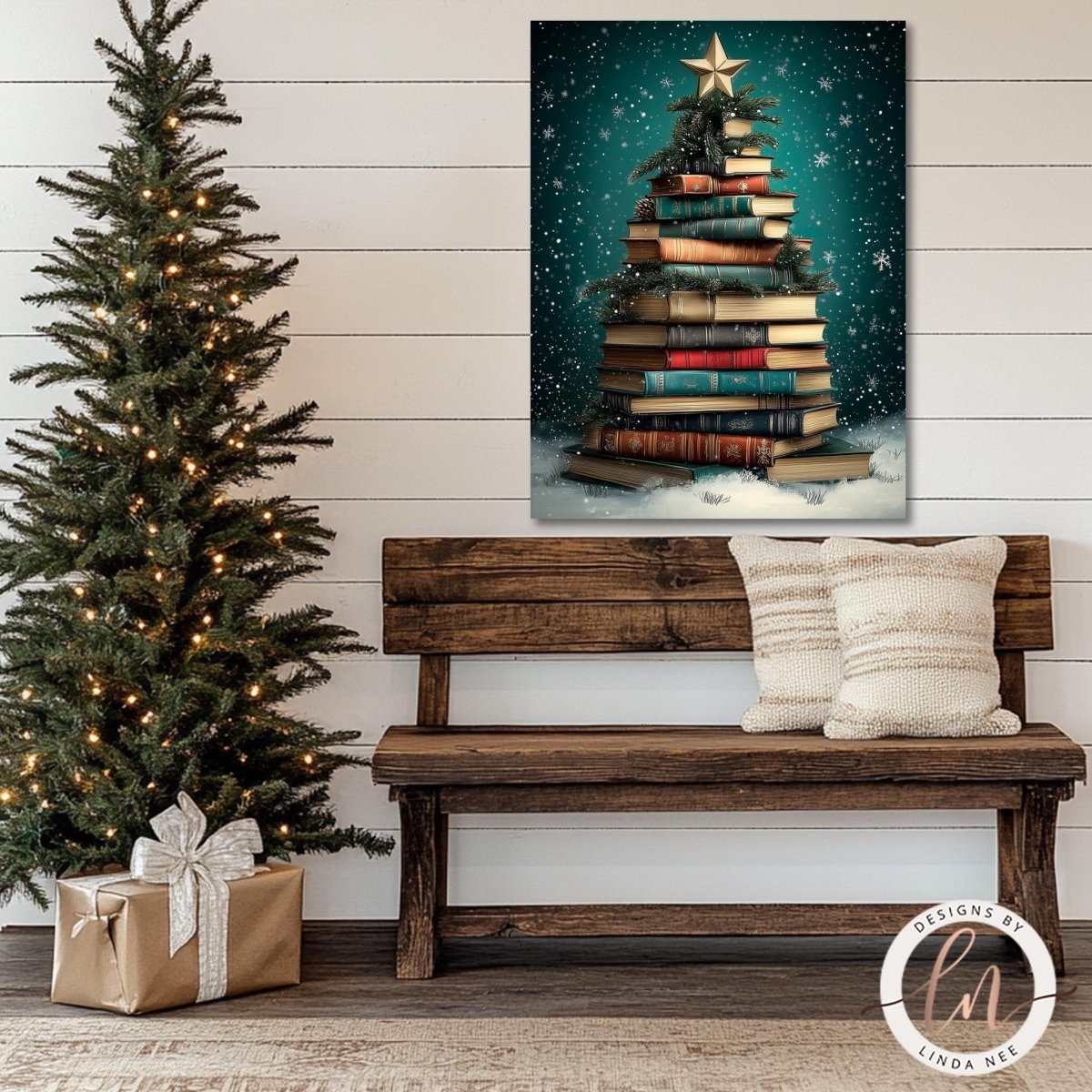 Book Christmas tree print above a wooden bench with a wrapped gift and lit tree