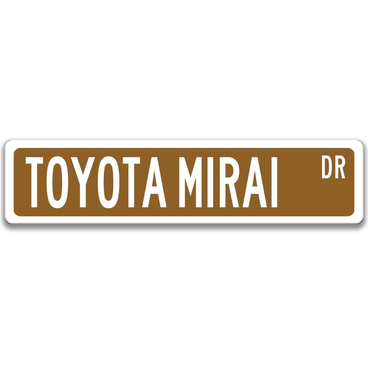 Brown metal street sign with white text reading TOYOTA MIRAI DR