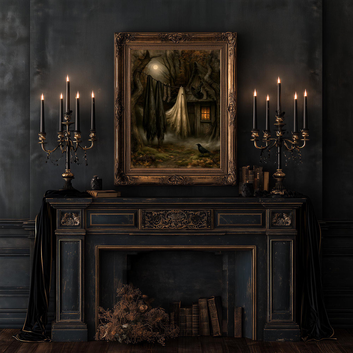 Dark gothic room with stacked books, twin candelabra, and the moonlit cottage print