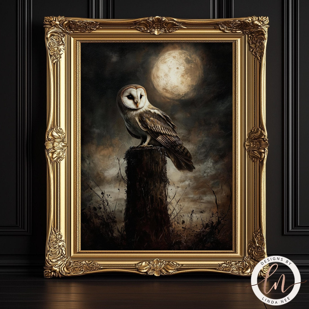 A framed painting of a barn owl perched on a wooden post, with a full moon in the background.