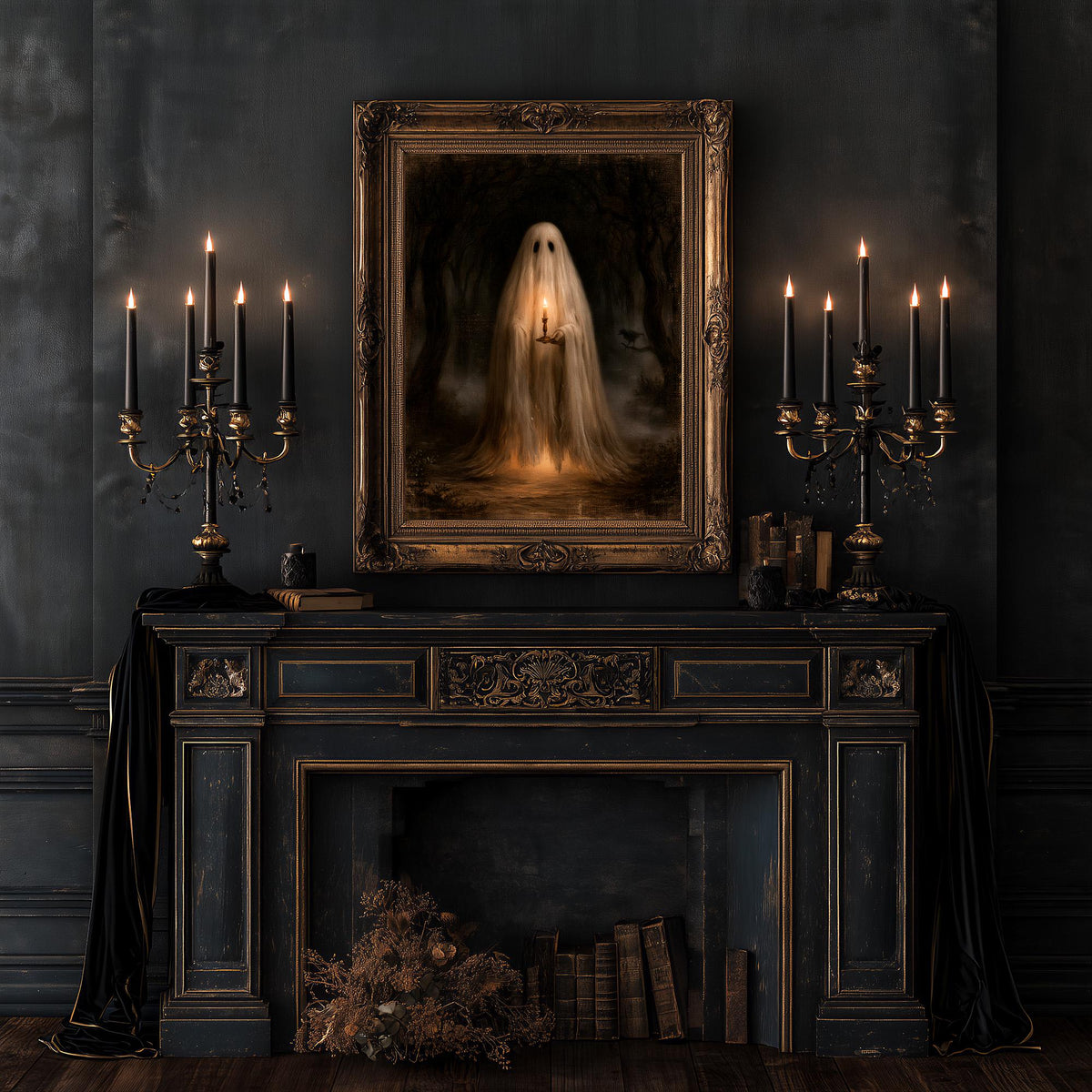 Gothic room with twin candle displays flanking the fireplace and the ghost print