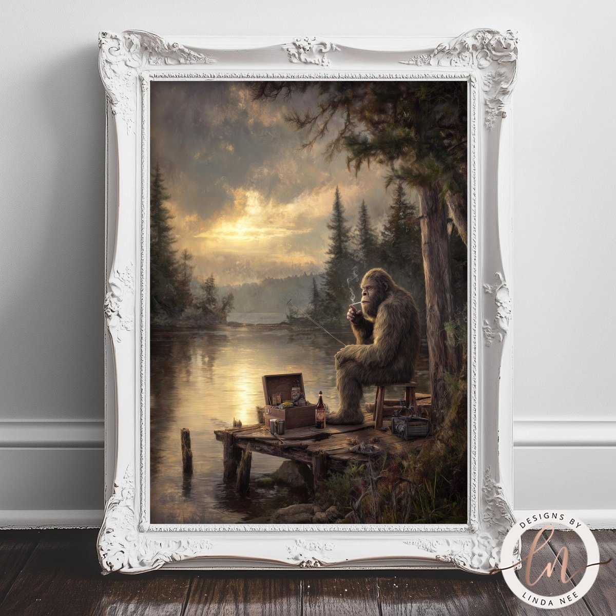 A painting of a Bigfoot sitting on a dock by a lake, surrounded by trees and a cloudy sky.
