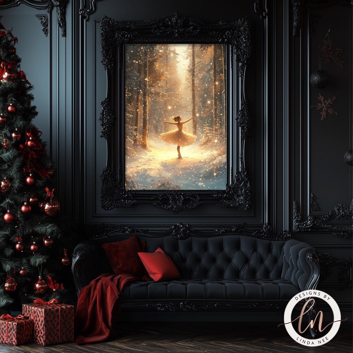 a large, ornate black frame with a painting of a ballerina in a snowy forest. The painting is displayed on a wall, and the room has a dark, elegant decor with a Christmas tree and red ornaments.