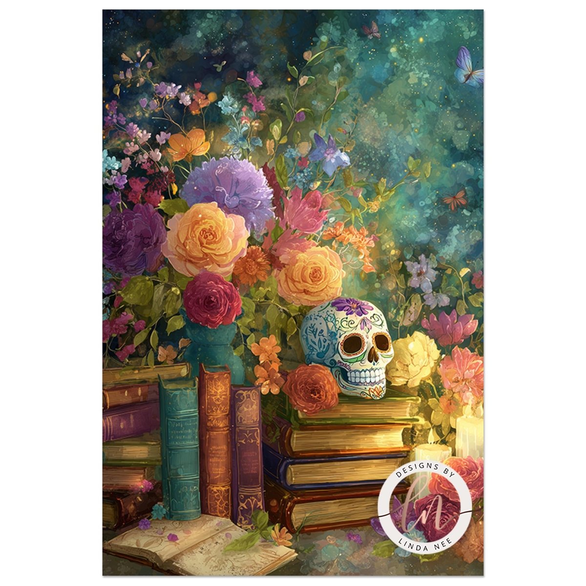 A vibrant and colorful still life painting featuring a skull, flowers, books, and a vase, all set against a lush, green background.