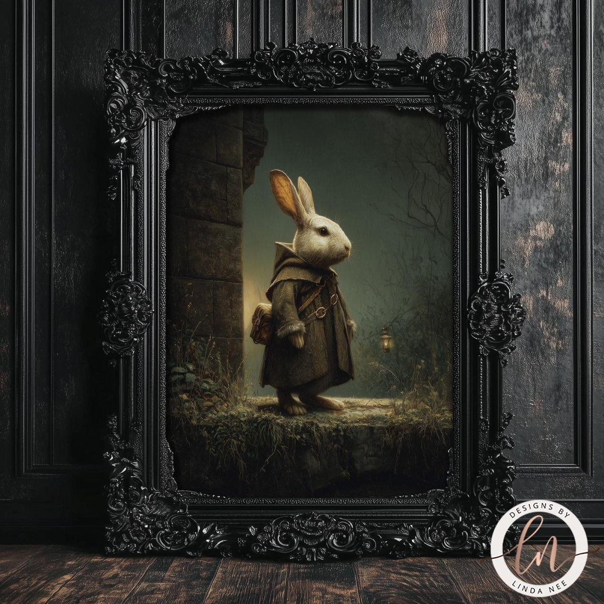 A painting of a white rabbit wearing a brown robe and carrying a lantern, standing on a rock in a dark, mysterious setting.