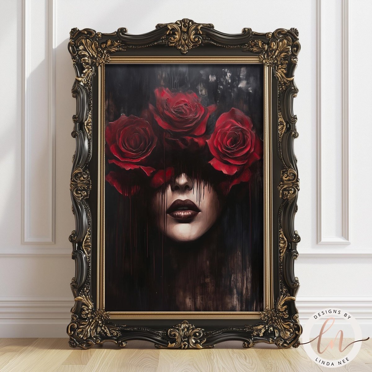 A surrealist digital painting of a woman's face from the nose down, with her eyes completely covered by three large, blooming red roses. Dark red liquid or paint drips down from the roses across her face and into the dark, textured background. The style is moody and painterly with a gothic, dark academia aesthetic.