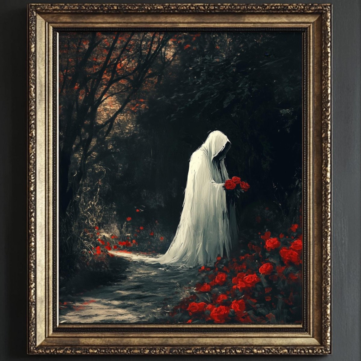 A framed painting depicting a person in a white hooded cloak standing amidst a field of red flowers, with a dark, moody background.